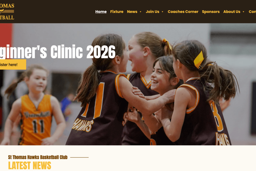 St Thomas Hawks Basketball Club website showcasing responsive WordPress design – Byteflect Technologies