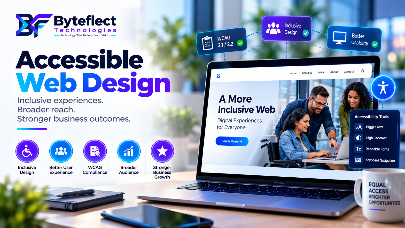 Byteflect Technologies accessible web design banner illustrating inclusive website design, WCAG compliance, improved usability, keyboard navigation, accessibility tools, and equal access for all users.