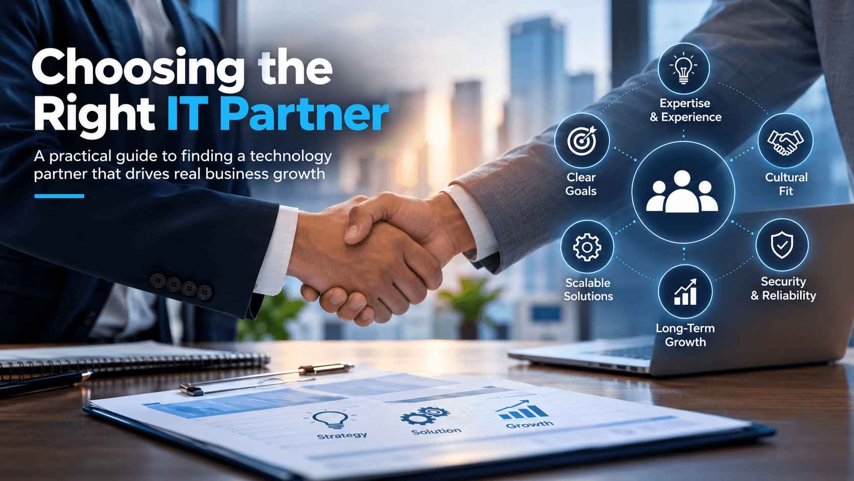 Business professionals shaking hands while discussing technology partnership, business goals, security, and scalable IT solutions.