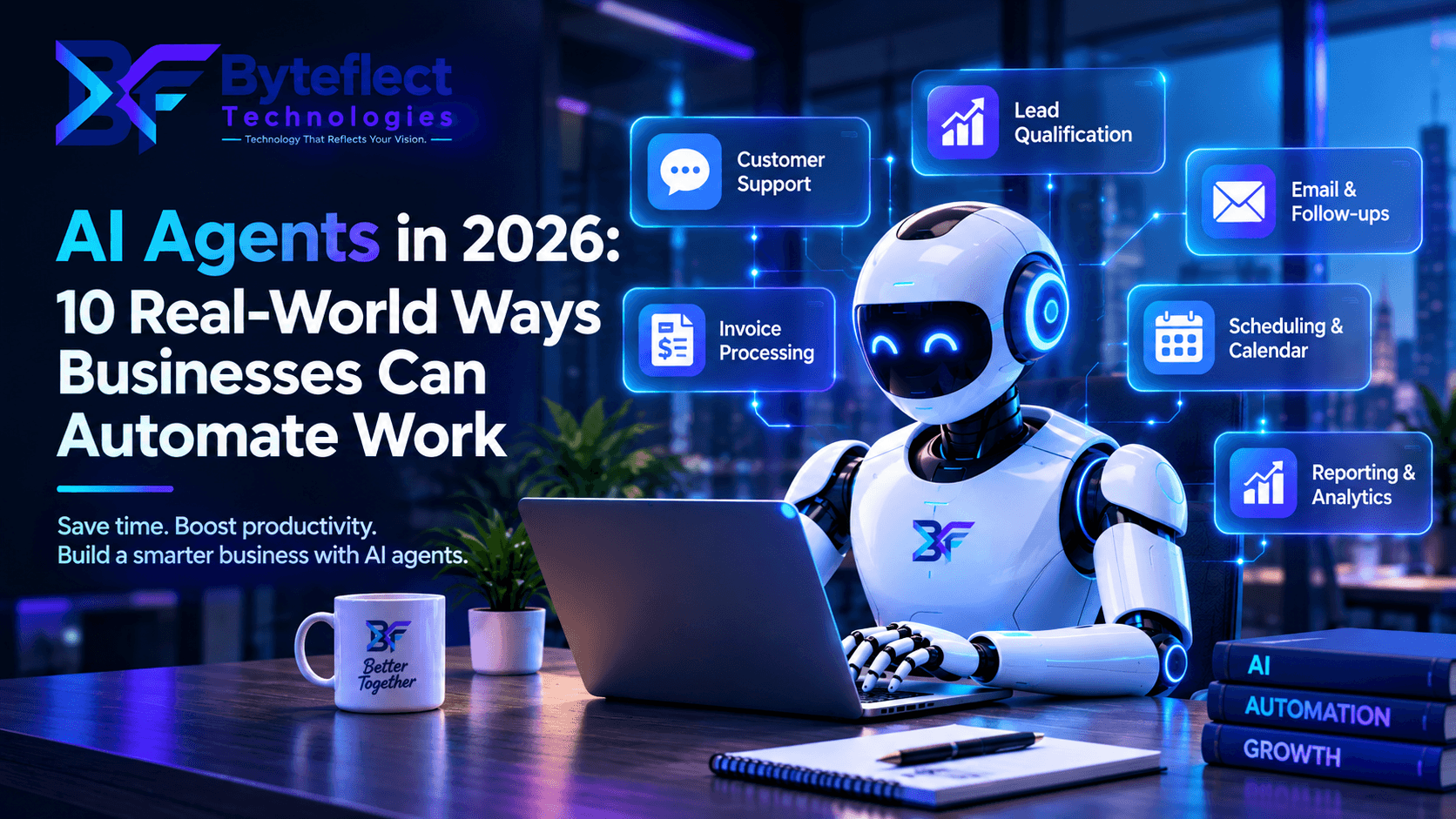 Byteflect Technologies AI agents in 2026 blog featured image showing business automation use cases, including customer support, lead qualification, email follow-ups, invoice processing, scheduling, and reporting analytics.